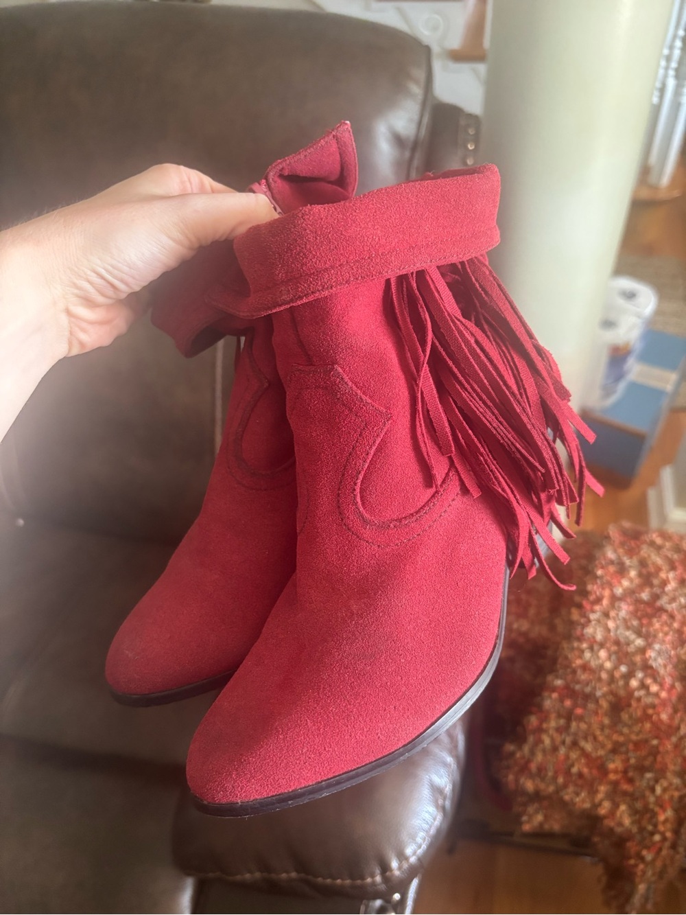 Red Suede Fringe Ankle Boots - Women